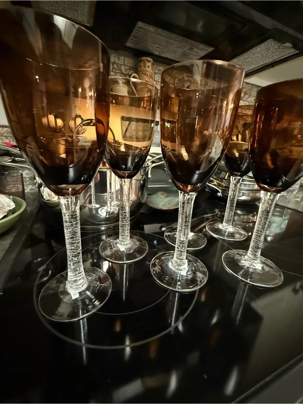 4 Pier 1 Smoke Brown Wine Glasses w/Clear Crackle Stem. 10oz